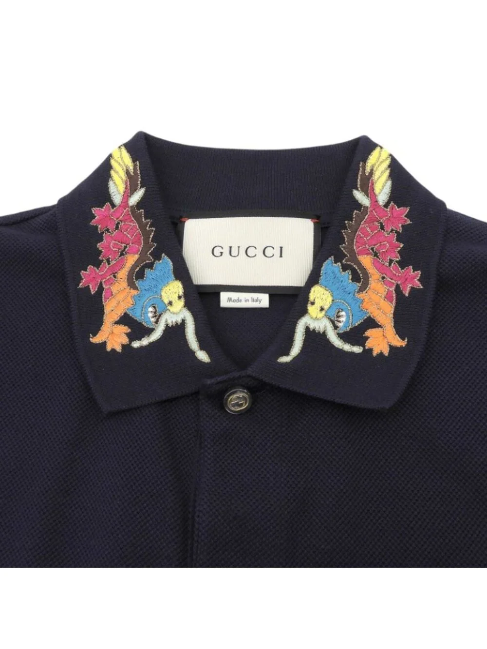 Gucci Cotton Interlocking Buttoned Dragon Embroidery Short Sleeve Polo Shirt
